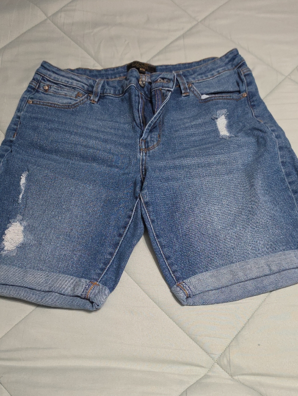 Rachel Distressed Mid-Rise Blue Denim Roll Cuff Shorts